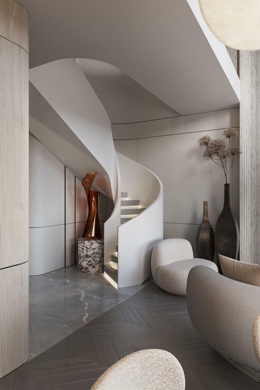 Living room and the staircase interior design in Prime Park Residences by Nino Zvarkovskaya